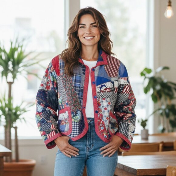 Kay Louise Jackets & Blazers - Vtg Kay Louise OOAK Red White Blue Patchwork Cotton Jacket Boho Handmade M/L